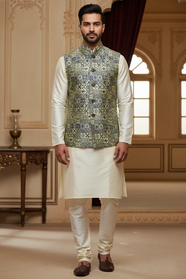 Cerulean_Blue_Premium_Pattern_Poly_Silk_Nehru_Jacket_Kurta_Pajama_Set_For_Men