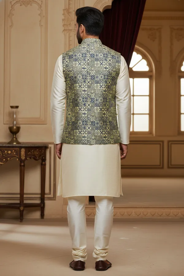 Cerulean_Blue_Premium_Pattern_Poly_Silk_Nehru_Jacket_Kurta_Pajama_Set_For_Men