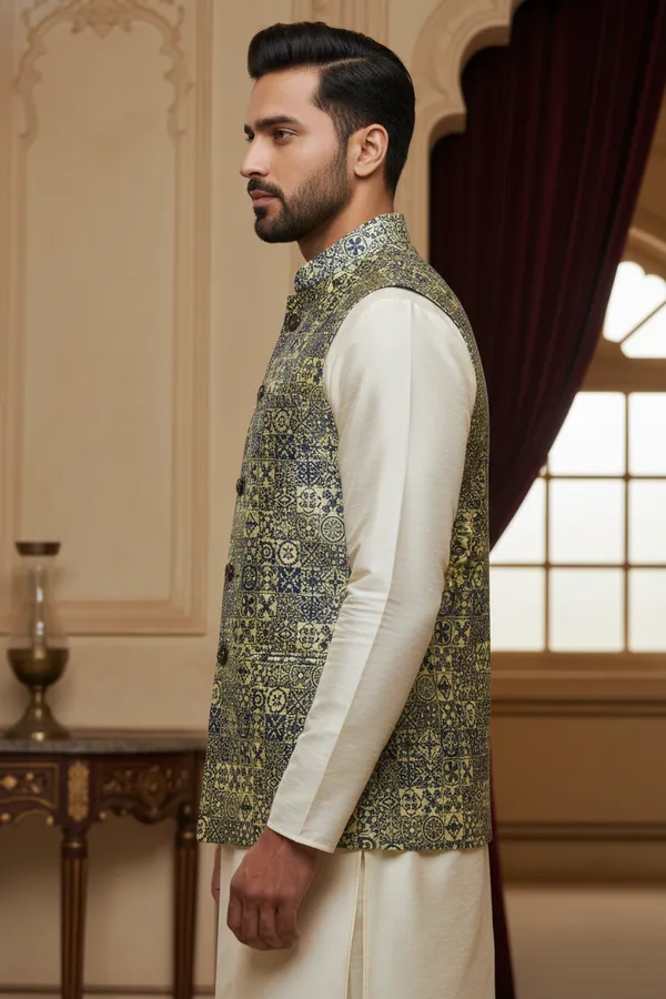 Cerulean_Blue_Premium_Pattern_Poly_Silk_Nehru_Jacket_Kurta_Pajama_Set_For_Men