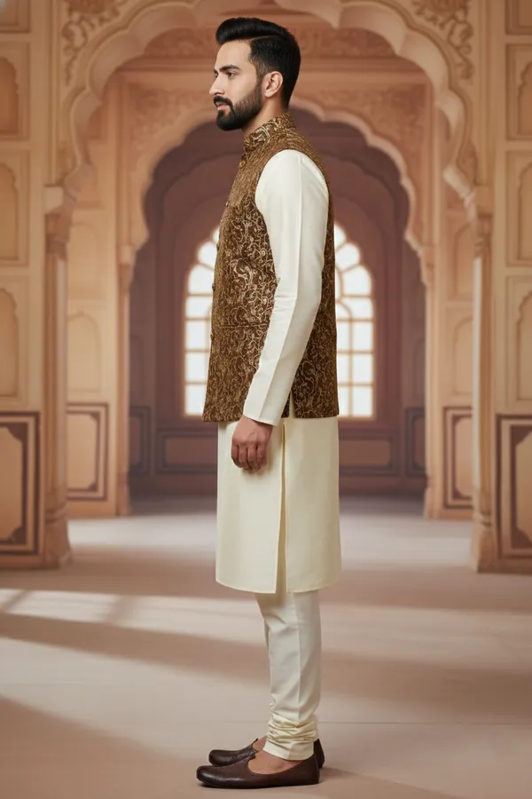 Brown_Premium_Pattern_Poly_Silk_Nehru_Jacket_Kurta_Pajama_Set_For_Men