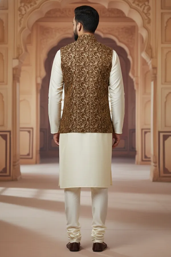 Brown_Premium_Pattern_Poly_Silk_Nehru_Jacket_Kurta_Pajama_Set_For_Men