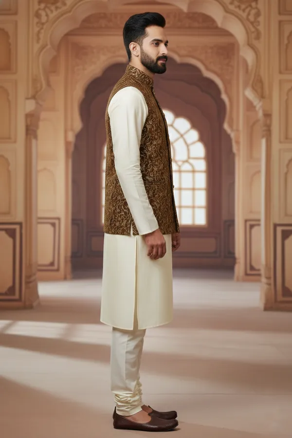 Brown_Premium_Pattern_Poly_Silk_Nehru_Jacket_Kurta_Pajama_Set_For_Men