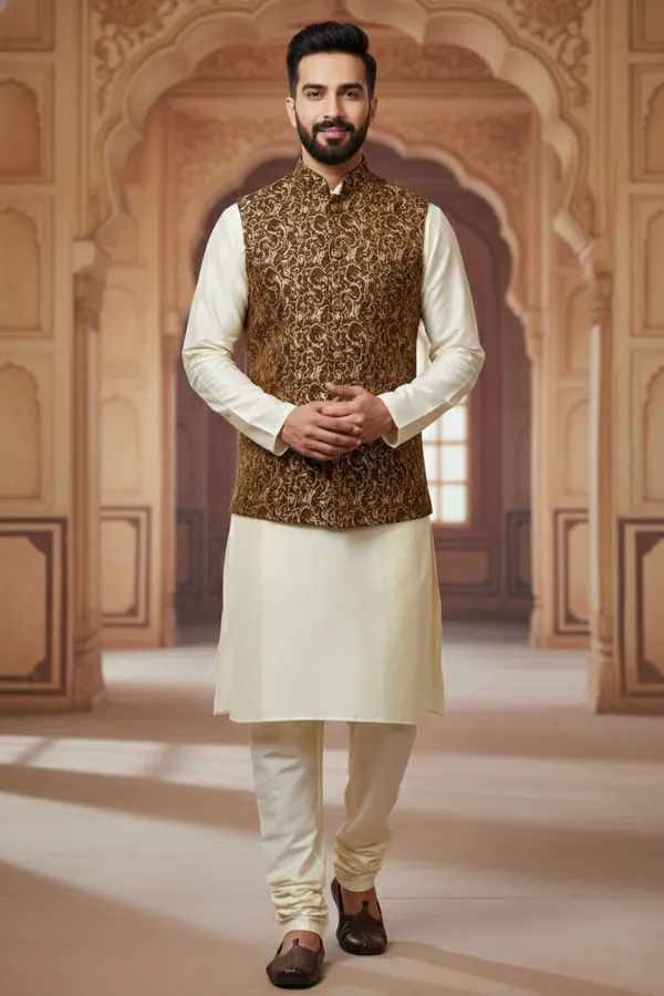 Brown_Premium_Pattern_Poly_Silk_Nehru_Jacket_Kurta_Pajama_Set_For_Men