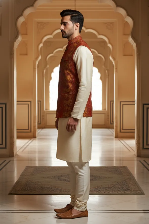 Red_Premium_Pattern_Poly_Silk_Nehru_Jacket_Kurta_Pajama_Set_For_Men