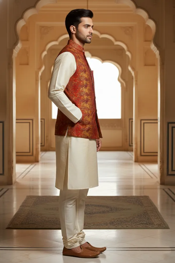 Red_Premium_Pattern_Poly_Silk_Nehru_Jacket_Kurta_Pajama_Set_For_Men