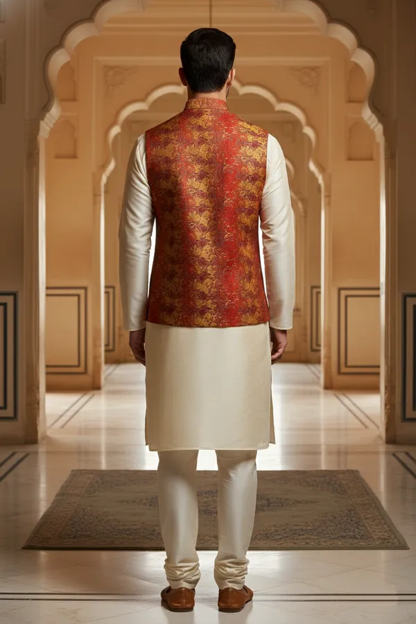 Red_Premium_Pattern_Poly_Silk_Nehru_Jacket_Kurta_Pajama_Set_For_Men