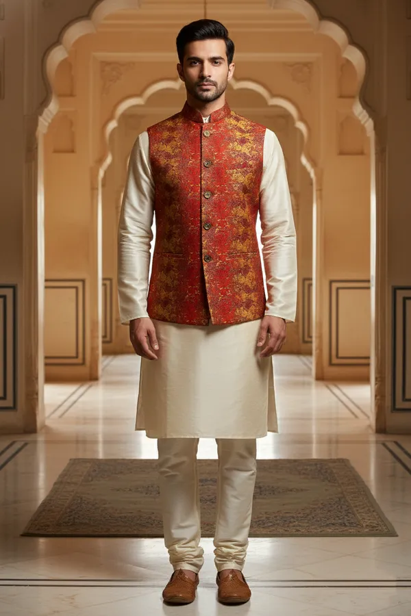 Red_Premium_Pattern_Poly_Silk_Nehru_Jacket_Kurta_Pajama_Set_For_Men