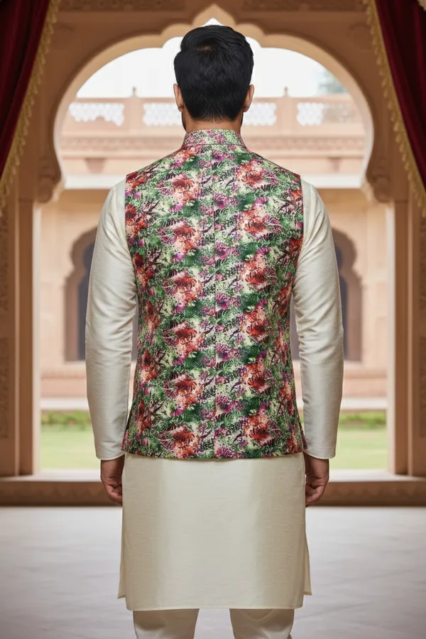 Green_Floral_Premium_Pattern_Poly_Silk_Nehru_Jacket_Kurta_Pajama_Set_For_Men