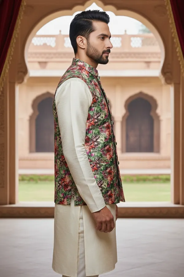 Green_Floral_Premium_Pattern_Poly_Silk_Nehru_Jacket_Kurta_Pajama_Set_For_Men