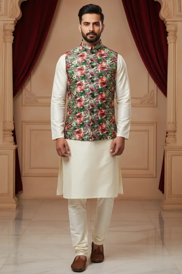 Green_Floral_Premium_Pattern_Poly_Silk_Nehru_Jacket_Kurta_Pajama_Set_For_Men