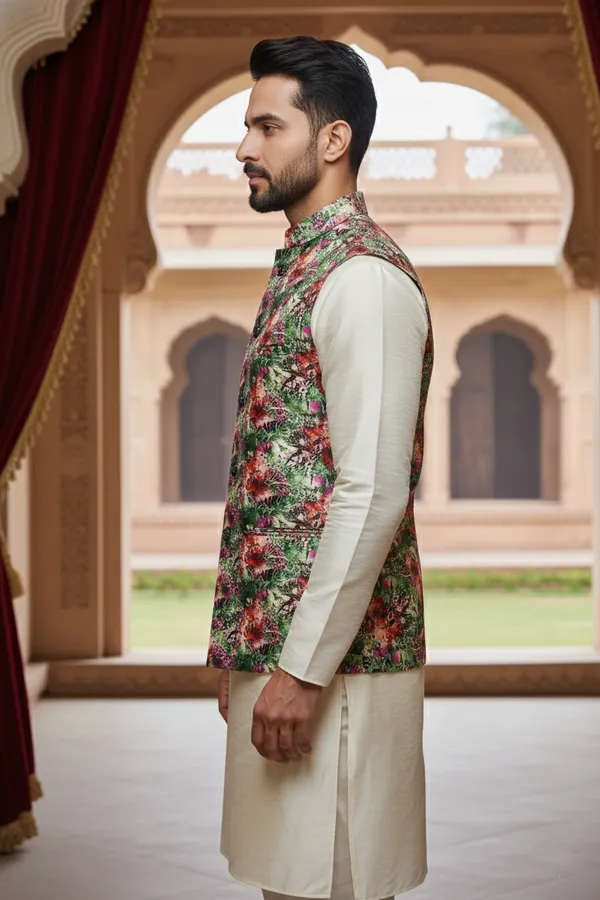 Green_Floral_Premium_Pattern_Poly_Silk_Nehru_Jacket_Kurta_Pajama_Set_For_Men