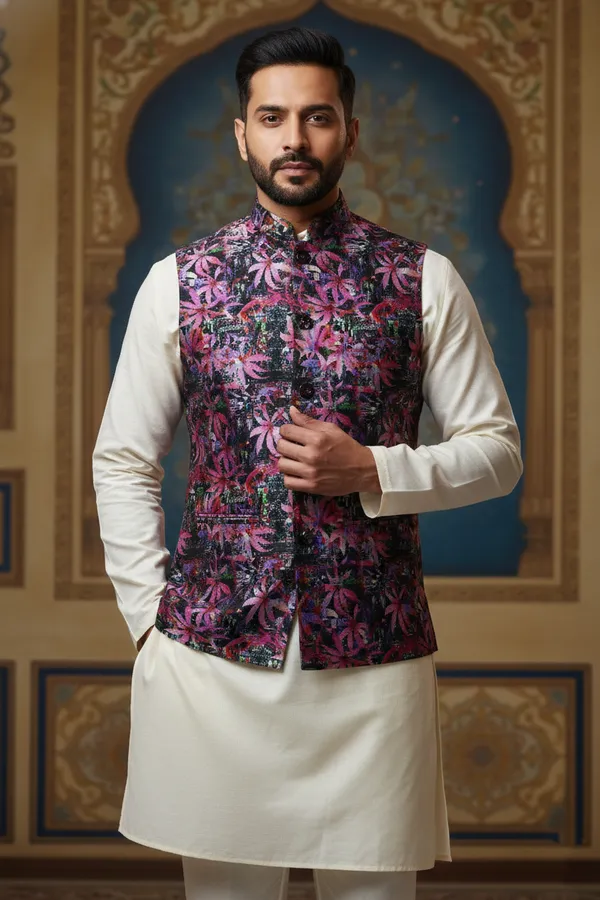 Violet_Premium_Pattern_Poly_Silk_Nehru_Jacket_Kurta_Pajama_Set_For_Men