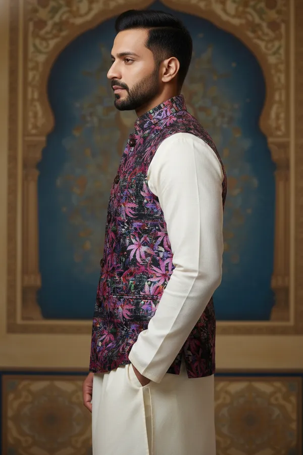 Violet_Premium_Pattern_Poly_Silk_Nehru_Jacket_Kurta_Pajama_Set_For_Men