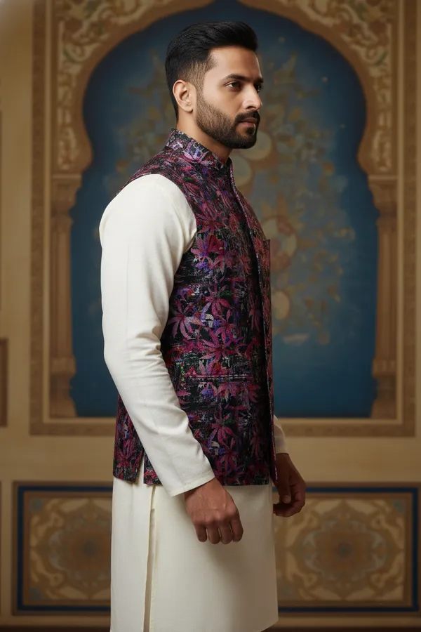 Violet_Premium_Pattern_Poly_Silk_Nehru_Jacket_Kurta_Pajama_Set_For_Men