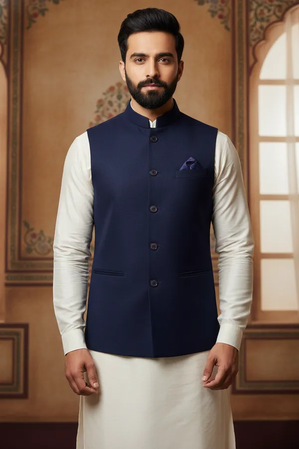 Navy_Blue_Premium_Pattern_Poly_Silk_Nehru_Jacket_Kurta_Pajama_Set_For_Men