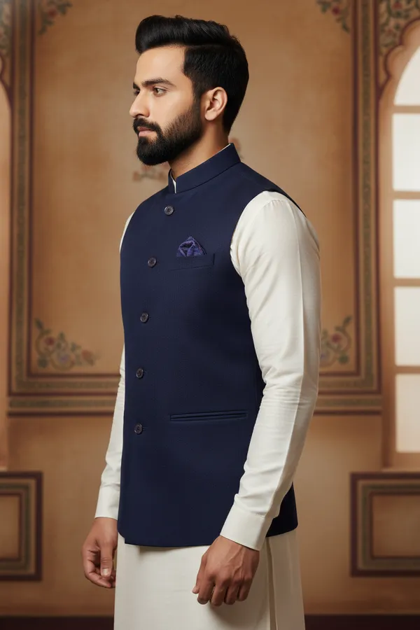 Navy_Blue_Premium_Pattern_Poly_Silk_Nehru_Jacket_Kurta_Pajama_Set_For_Men