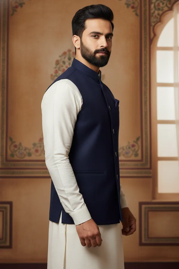 Navy_Blue_Premium_Pattern_Poly_Silk_Nehru_Jacket_Kurta_Pajama_Set_For_Men