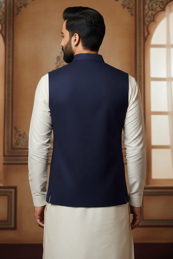 Navy_Blue_Premium_Pattern_Poly_Silk_Nehru_Jacket_Kurta_Pajama_Set_For_Men