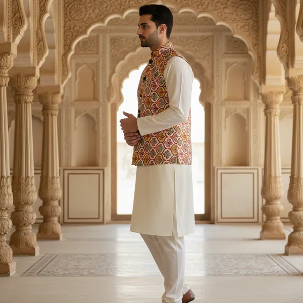 Multicolor_Premium_Pattern_Poly_Silk_Nehru_Jacket_Kurta_Pajama_Set_For_Men