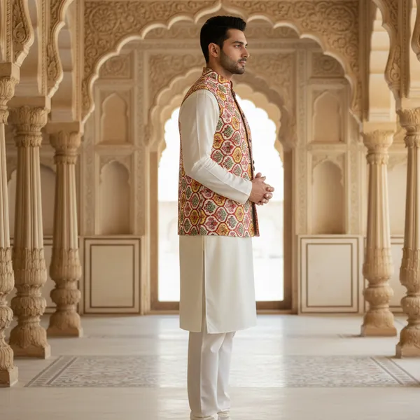 Multicolor_Premium_Pattern_Poly_Silk_Nehru_Jacket_Kurta_Pajama_Set_For_Men