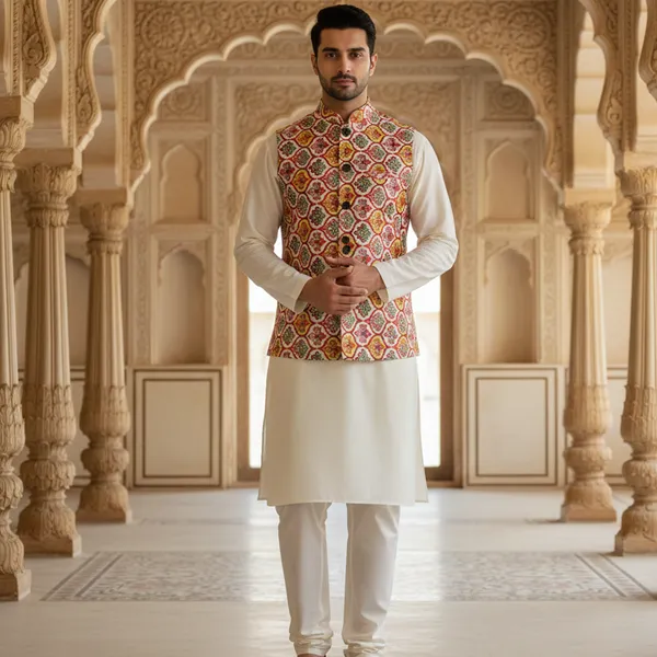 Multicolor_Premium_Pattern_Poly_Silk_Nehru_Jacket_Kurta_Pajama_Set_For_Men