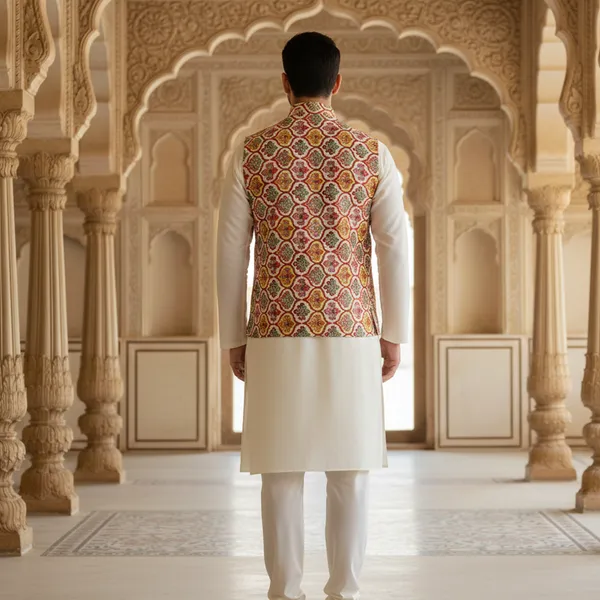 Multicolor_Premium_Pattern_Poly_Silk_Nehru_Jacket_Kurta_Pajama_Set_For_Men