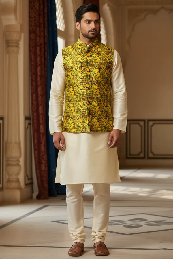 Citron_Yellow_Premium_Pattern_Poly_Silk_Nehru_Jacket_Kurta_Pajama_Set_For_Men