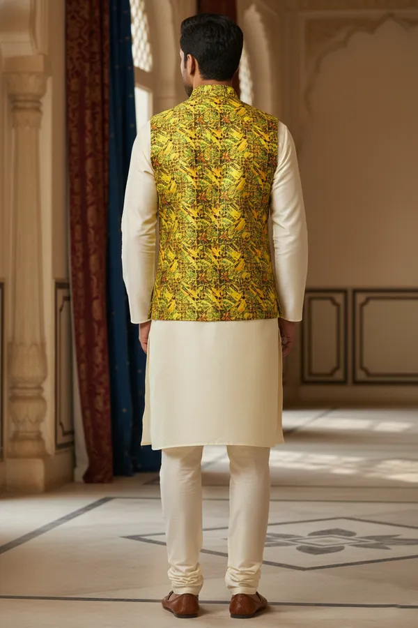 Citron_Yellow_Premium_Pattern_Poly_Silk_Nehru_Jacket_Kurta_Pajama_Set_For_Men