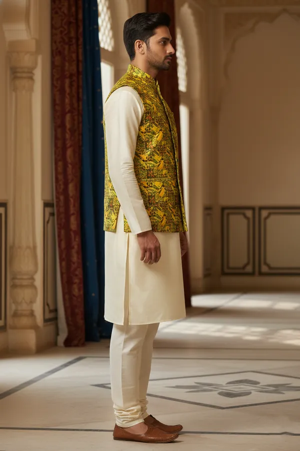 Citron_Yellow_Premium_Pattern_Poly_Silk_Nehru_Jacket_Kurta_Pajama_Set_For_Men