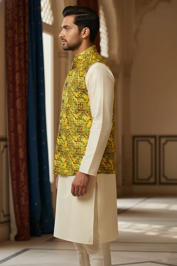 Citron_Yellow_Premium_Pattern_Poly_Silk_Nehru_Jacket_Kurta_Pajama_Set_For_Men