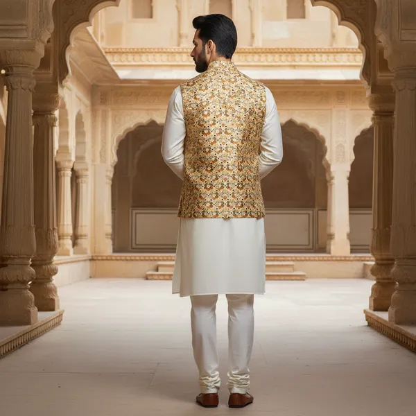 Multicolor_Floral_Premium_Pattern_Poly_Silk_Nehru_Jacket_Kurta_Pajama_Set_For_Men