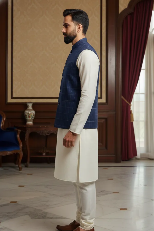 Blue_And_White_Premium_Pattern_Poly_Silk_Nehru_Jacket_Kurta_Pajama_Set_For_Men