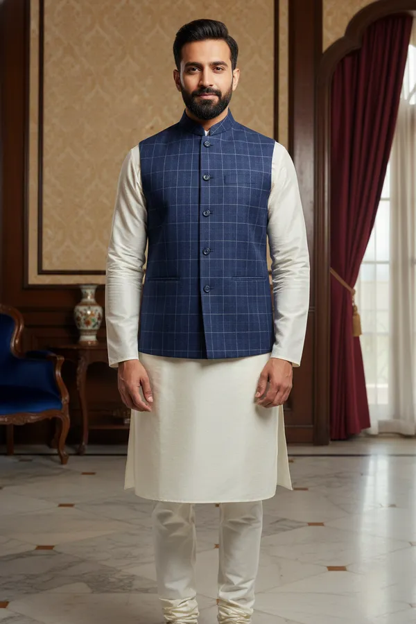 Blue_And_White_Premium_Pattern_Poly_Silk_Nehru_Jacket_Kurta_Pajama_Set_For_Men