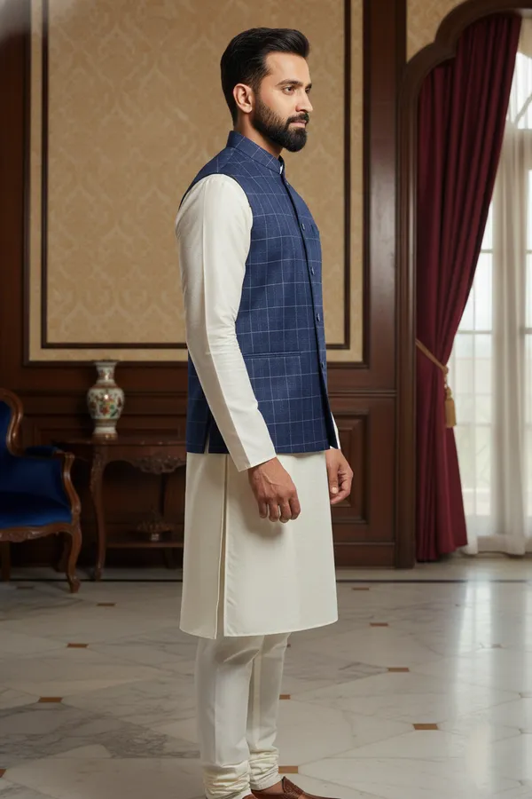 Blue_And_White_Premium_Pattern_Poly_Silk_Nehru_Jacket_Kurta_Pajama_Set_For_Men