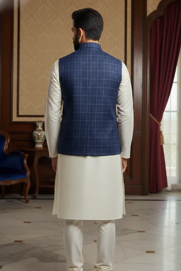 Blue_And_White_Premium_Pattern_Poly_Silk_Nehru_Jacket_Kurta_Pajama_Set_For_Men