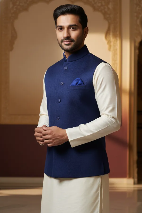 Dark_Blue_Premium_Pattern_Poly_Silk_Nehru_Jacket_Kurta_Pajama_Set_For_Men