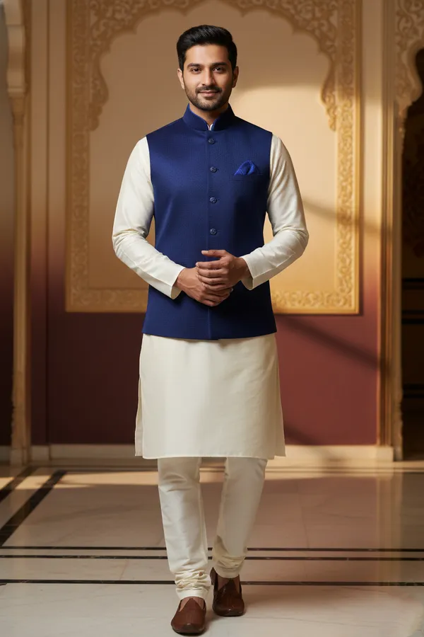 Dark_Blue_Premium_Pattern_Poly_Silk_Nehru_Jacket_Kurta_Pajama_Set_For_Men