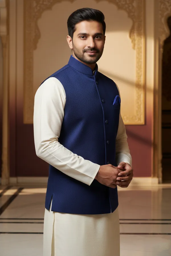 Dark_Blue_Premium_Pattern_Poly_Silk_Nehru_Jacket_Kurta_Pajama_Set_For_Men