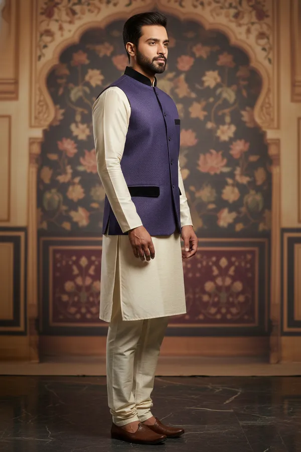 Royal_Purple_Premium_Pattern_Poly_Silk_Nehru_Jacket_Kurta_Pajama_Set_For_Men