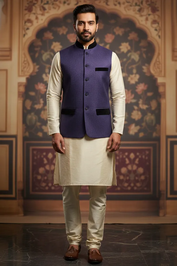 Royal_Purple_Premium_Pattern_Poly_Silk_Nehru_Jacket_Kurta_Pajama_Set_For_Men