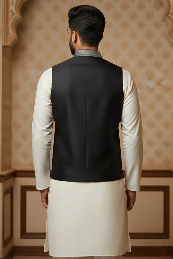 Black_Premium_Pattern_Poly_Silk_Nehru_Jacket_Kurta_Pajama_Set_For_Men