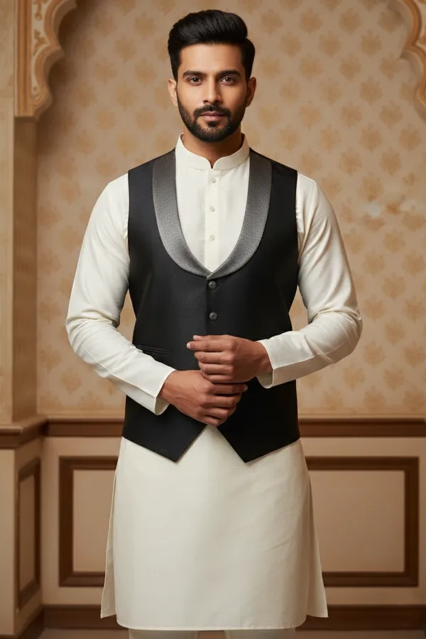 Black_Premium_Pattern_Poly_Silk_Nehru_Jacket_Kurta_Pajama_Set_For_Men