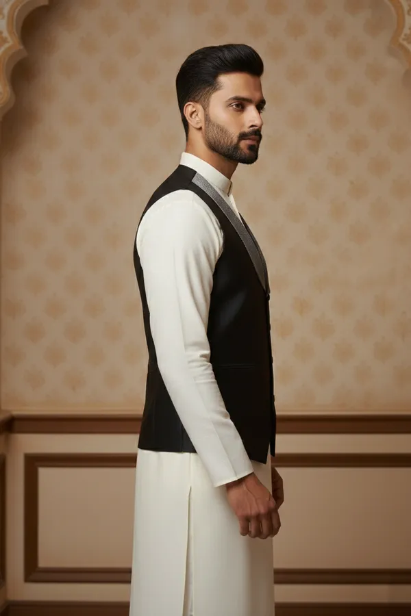 Black_Premium_Pattern_Poly_Silk_Nehru_Jacket_Kurta_Pajama_Set_For_Men