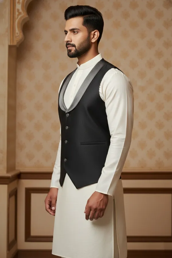 Black_Premium_Pattern_Poly_Silk_Nehru_Jacket_Kurta_Pajama_Set_For_Men