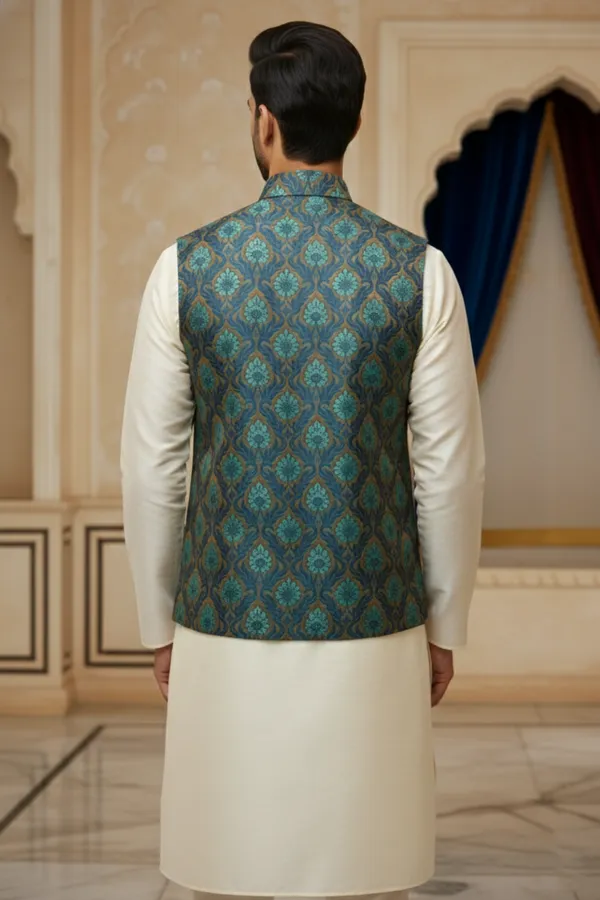 Teal_Premium_Pattern_Poly_Silk_Nehru_Jacket_Kurta_Pajama_Set_For_Men