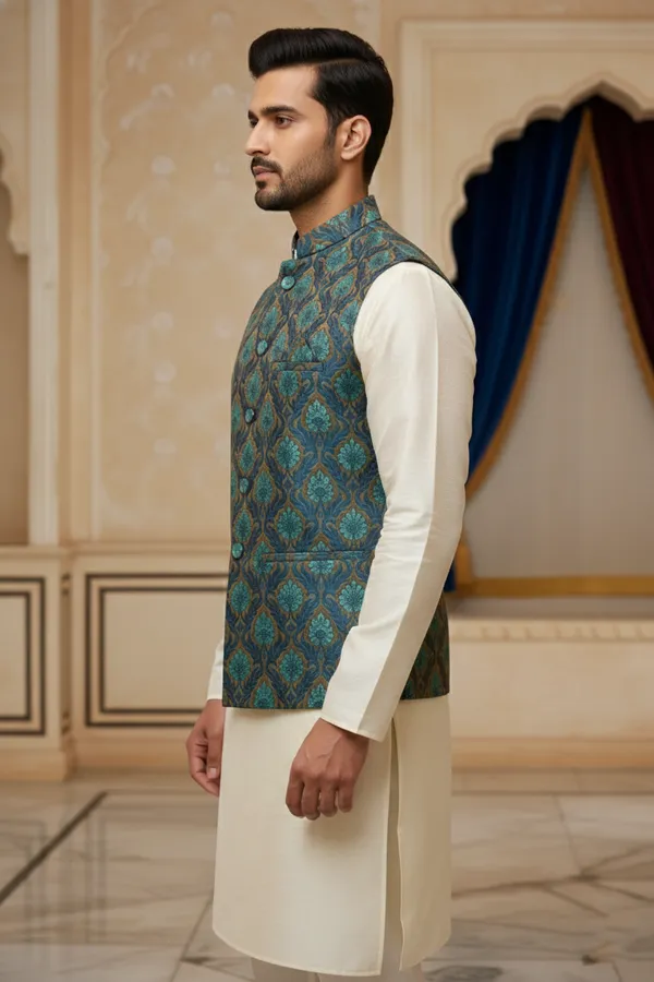 Teal_Premium_Pattern_Poly_Silk_Nehru_Jacket_Kurta_Pajama_Set_For_Men