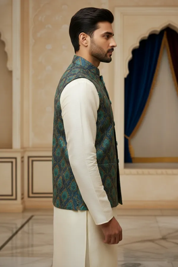 Teal_Premium_Pattern_Poly_Silk_Nehru_Jacket_Kurta_Pajama_Set_For_Men