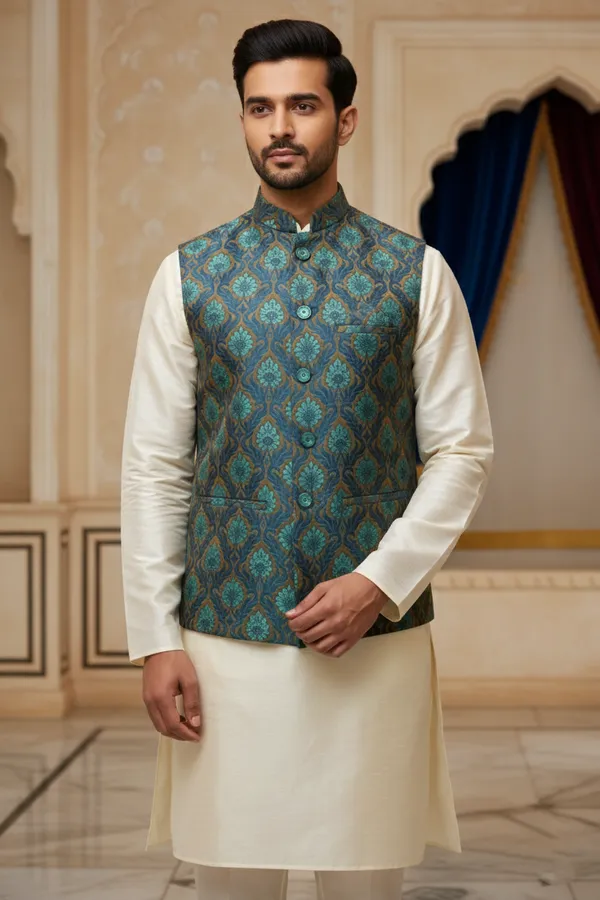 Teal_Premium_Pattern_Poly_Silk_Nehru_Jacket_Kurta_Pajama_Set_For_Men