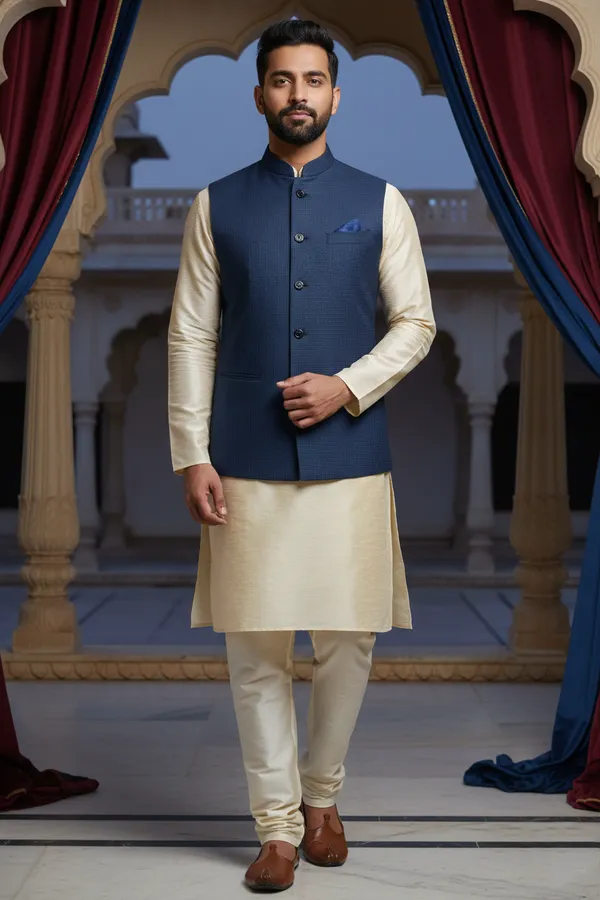 Navy_Blue_Premium_Pattern_Poly_Silk_Nehru_Jacket_Kurta_Pajama_Set_For_Men