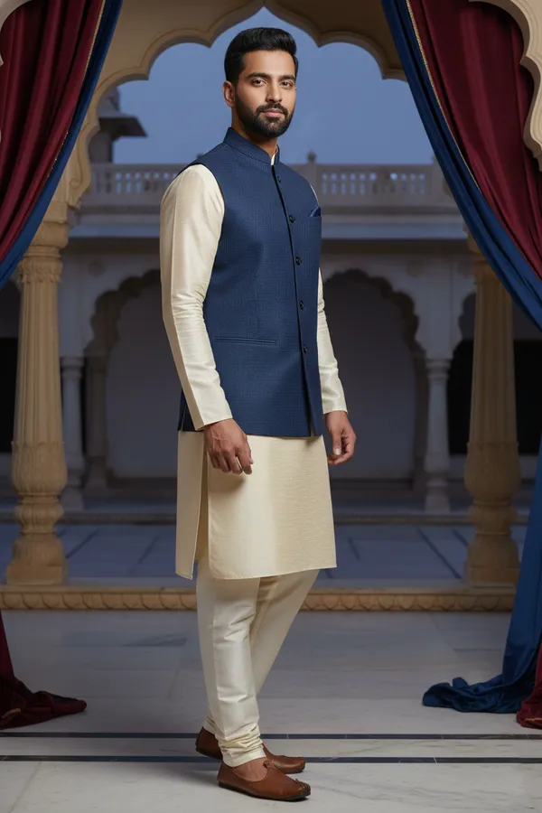 Navy_Blue_Premium_Pattern_Poly_Silk_Nehru_Jacket_Kurta_Pajama_Set_For_Men